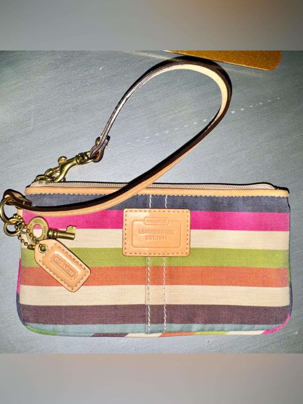 Coach Y2K Legacy Stripe Wristlet with Key Charm 8” x 4” - EUC